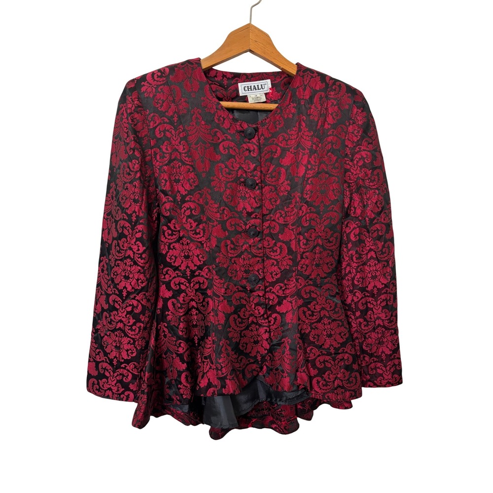 Chalu Vintage Red Black Damask Jacquard Peplum Jacket Back Tie Made in Canada